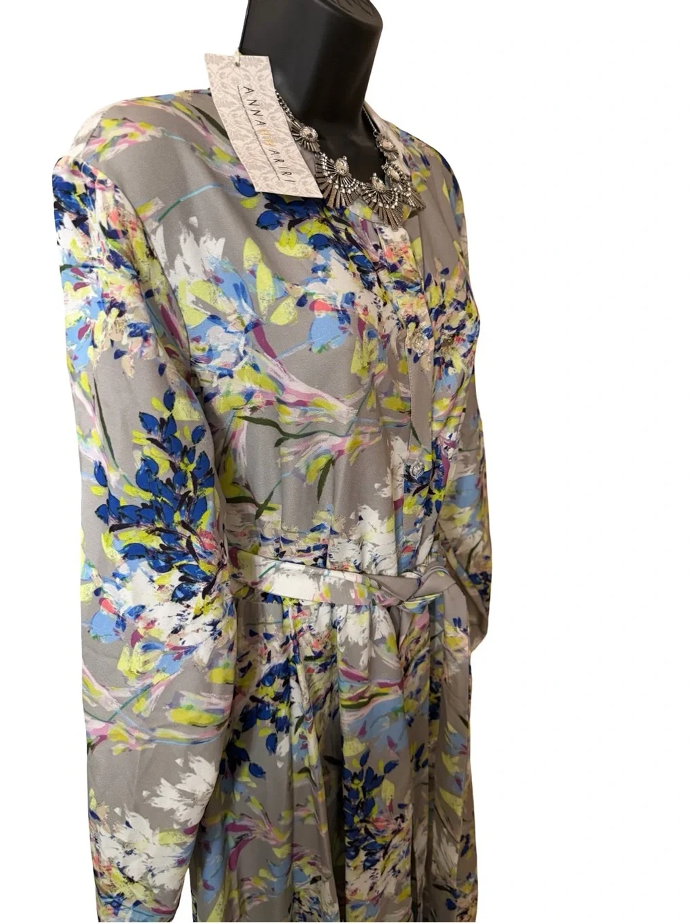 NWT Annahhariri Floral Long Sleeve Belted Maxi Dress in Gray - Picture 8 of 12